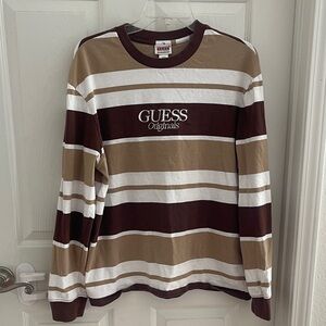Guess Originals Men's Brown and Cream Striped Long Sleeve Tee Vintage